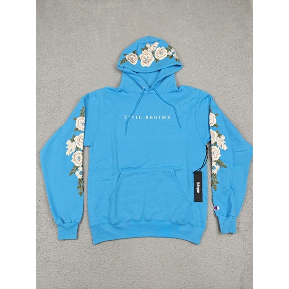Civil Regime‎ Champion Hoodie Mens Small Blue Lagoon White Rose Embroidered New
